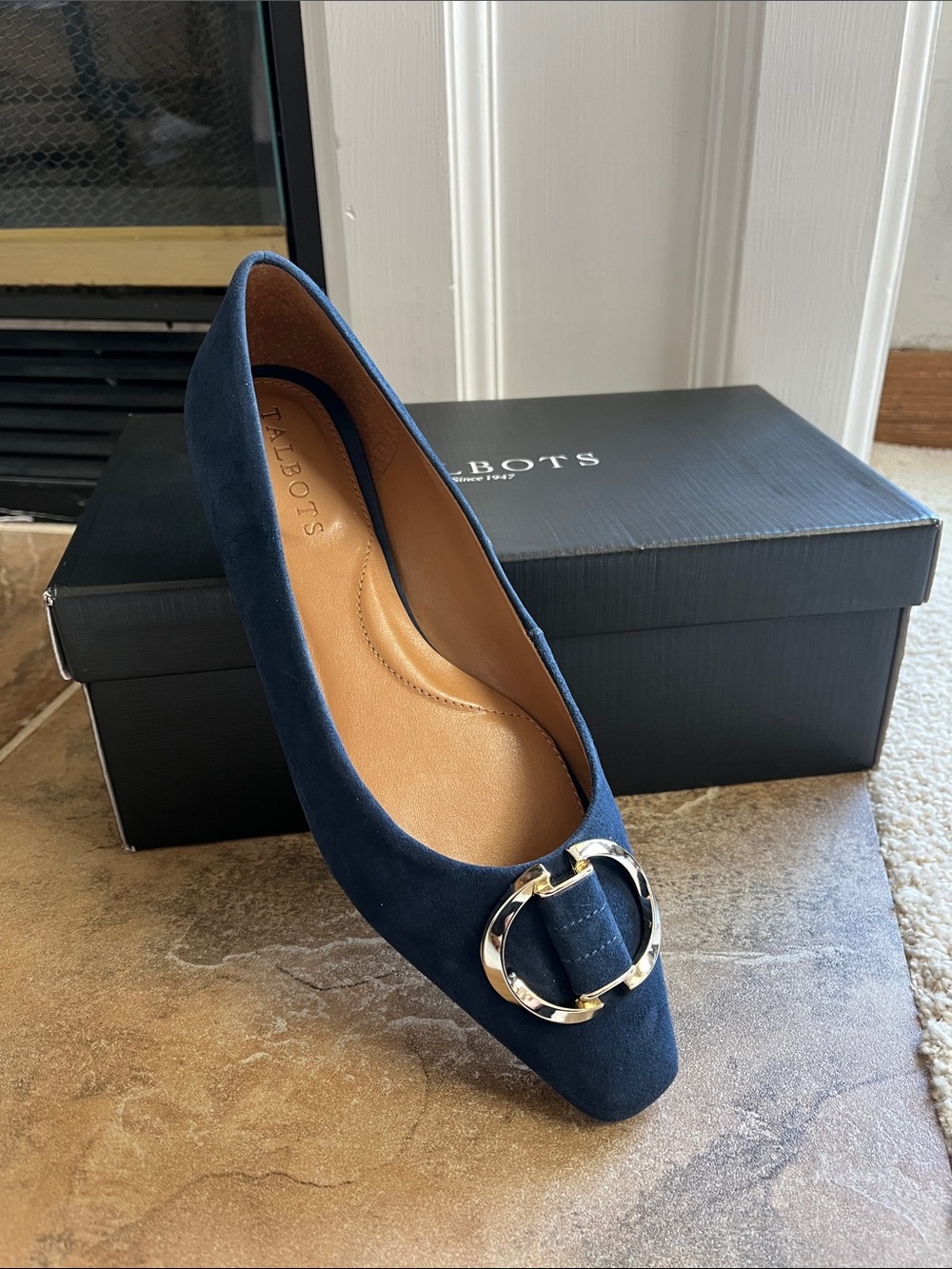 Talbots Navy Suede Square Toe Flat with Silver Ring Detail